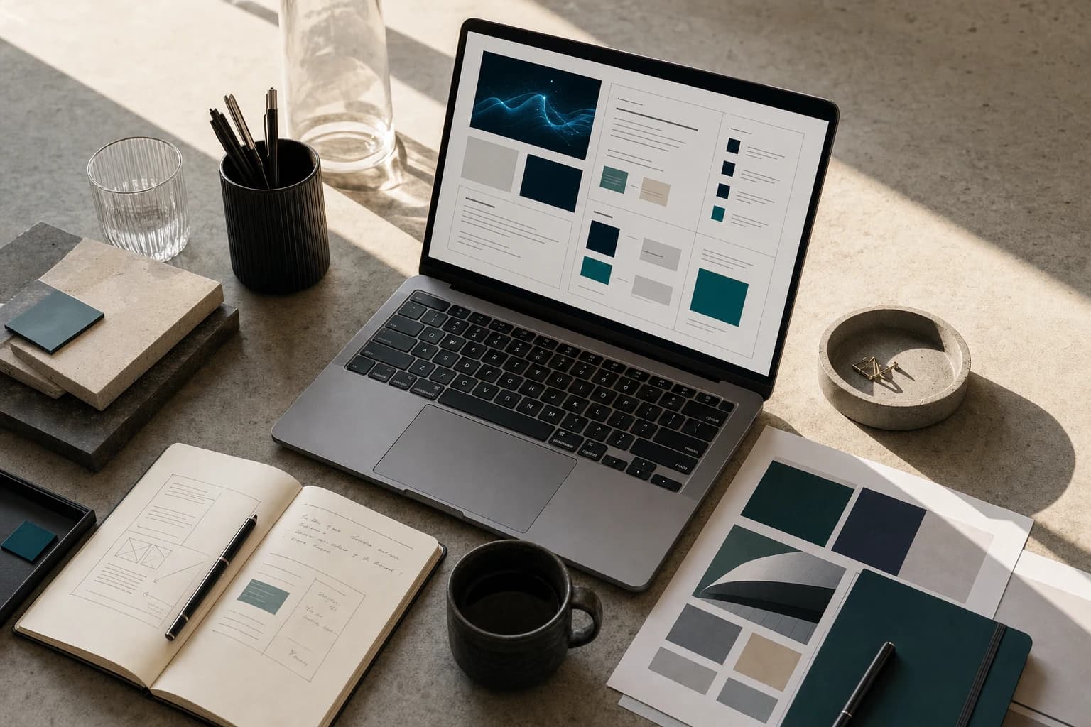 A laptop and notebook on a work desk for planning content
